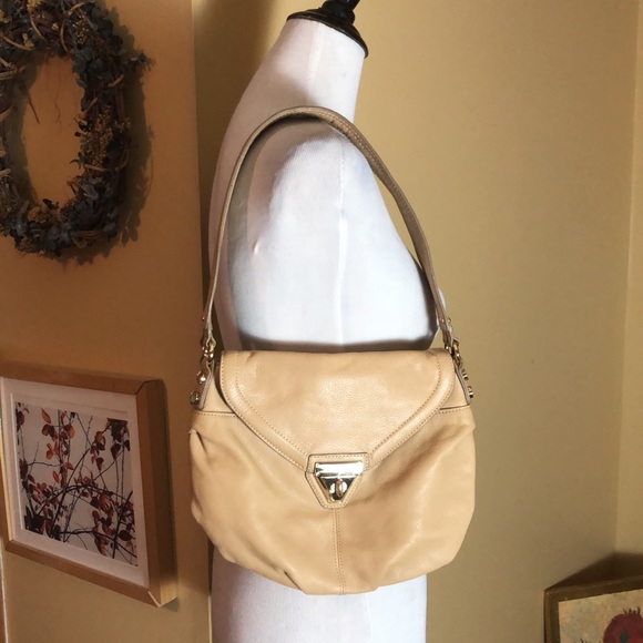 POUR LE VICTOIRE Leather Shoulder-bag Purse Luxe Natural & Gold LOGO Stripe NEW - Picture 3 of 15